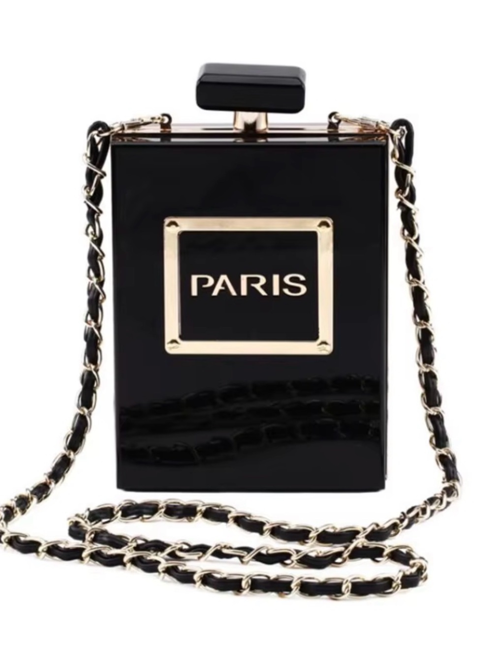 Paris Perfume Bottle Novelty Crossbody Bag Gold Chain - Picture 2 of 6